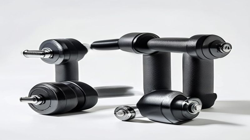 Compact smart home gym dumbbells and kettlebells studio product photography