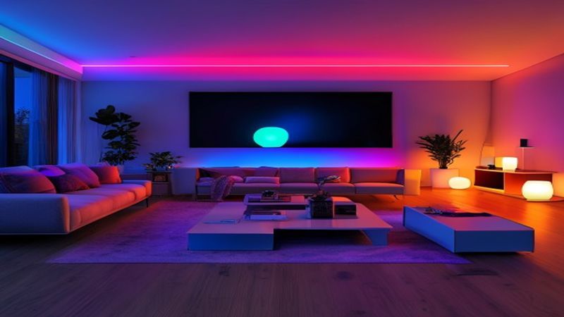 Philips Hue lighting setup demonstrating multiple color configurations in a modern living room, professional