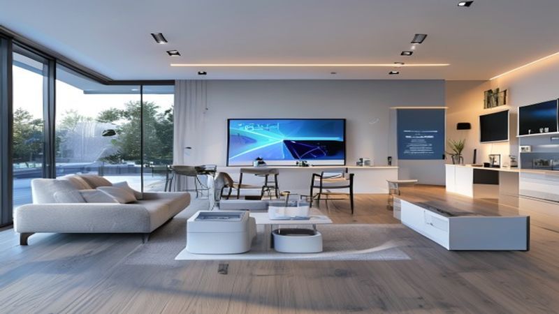Smart home technology setup with modern devices and interconnected systems, professional product photography showing