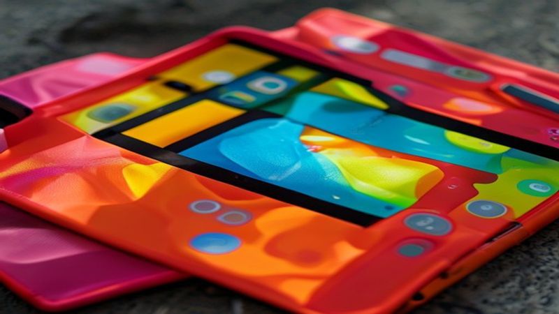 Close-up product shot of Amazon Fire HD 10 Kids tablet with bright protective case,