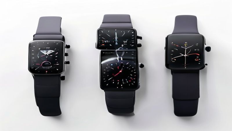 Budget smartwatch lineup on white background, showcasing three different models from various angles, professional