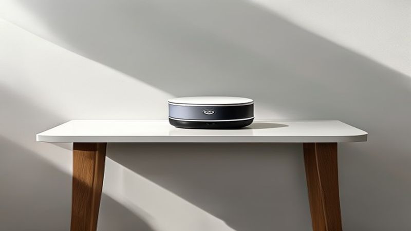 Amazon Echo Dot 5th Generation on a modern side table, clean minimalist background, professional