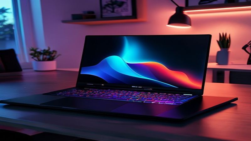 Gaming laptop on desk with RGB keyboard