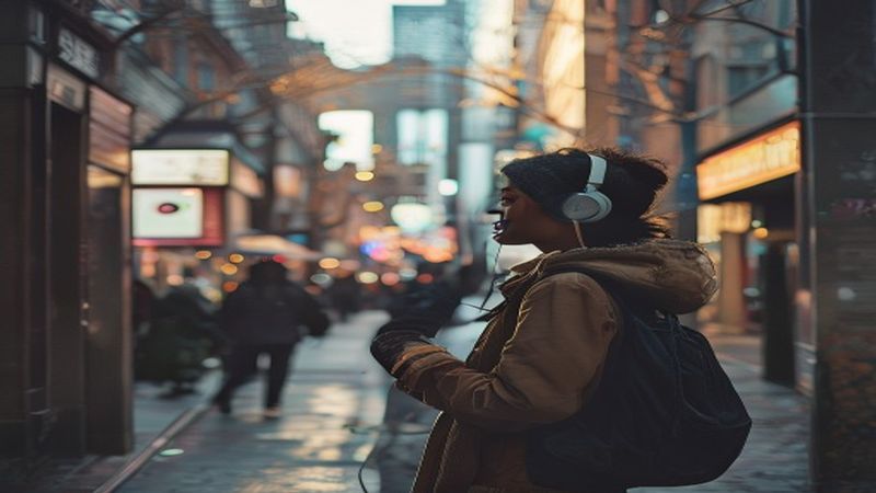 Commuter wearing wireless earbuds