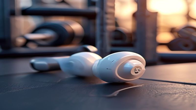 Wireless workout earbuds on gym towel