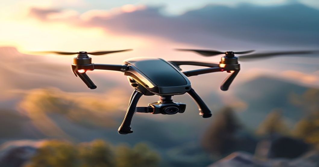Compact drone hovering against blue sky