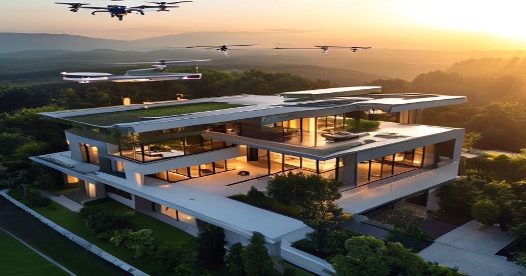 Professional real estate drone in flight