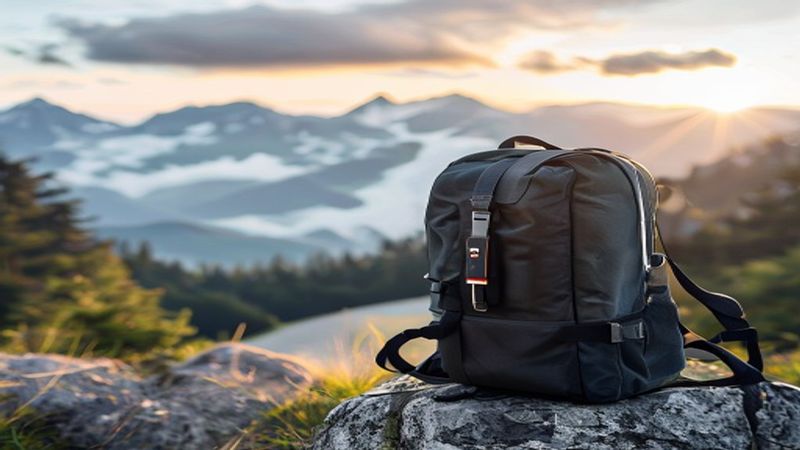 Anker PowerCore 10000 portable charger on a traveler's backpack with scenic mountain background, high-resolution