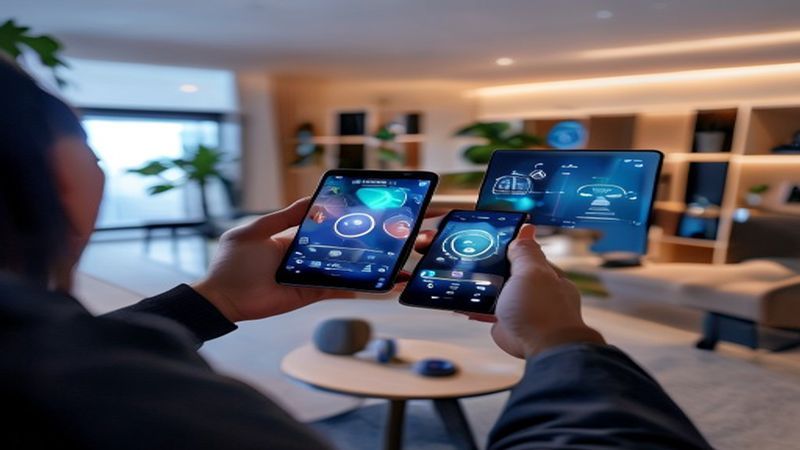 Person setting up smart home devices with smartphone, showing modern tech interaction
