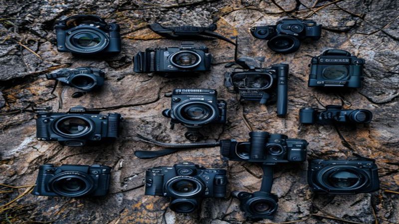 Professional product photography of multiple action cameras arranged on a rugged outdoor background, showcasing