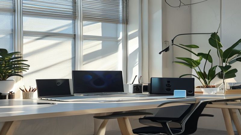 Professional home office setup with bluetooth speaker