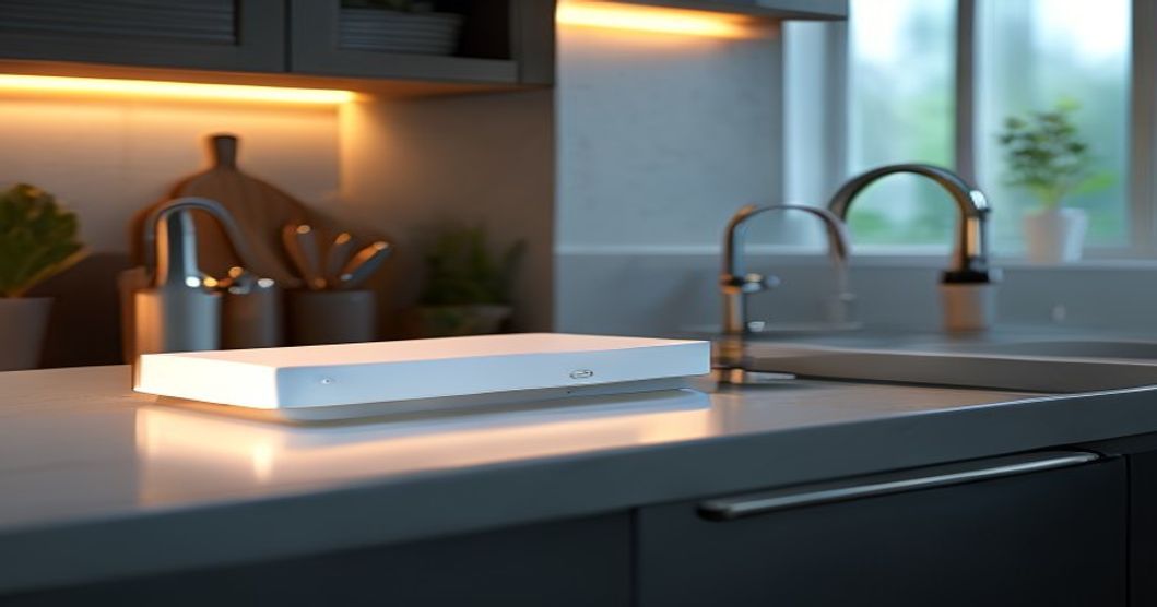 Smart water leak detector on kitchen floor