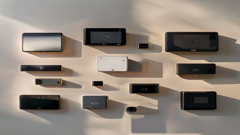 Smart home hub devices on modern living room table