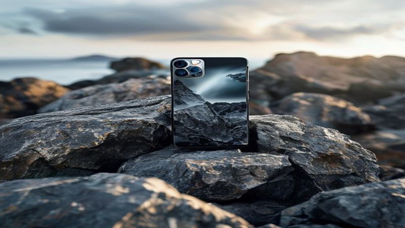 Rugged smartphone on rocky mountain terrain