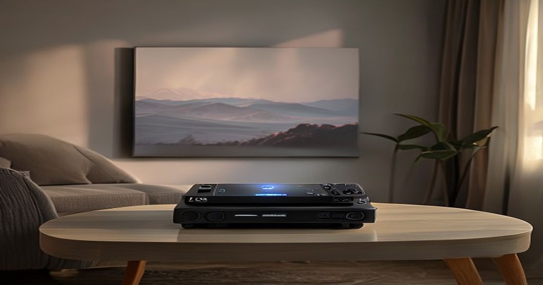 Portable projector setup in living room