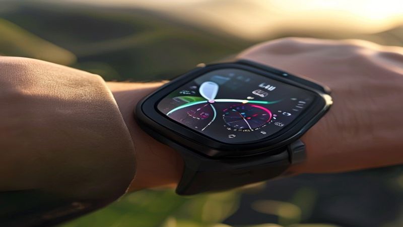 Close-up of Xiaomi Redmi Watch 5 on a wrist, showing detailed screen interface and