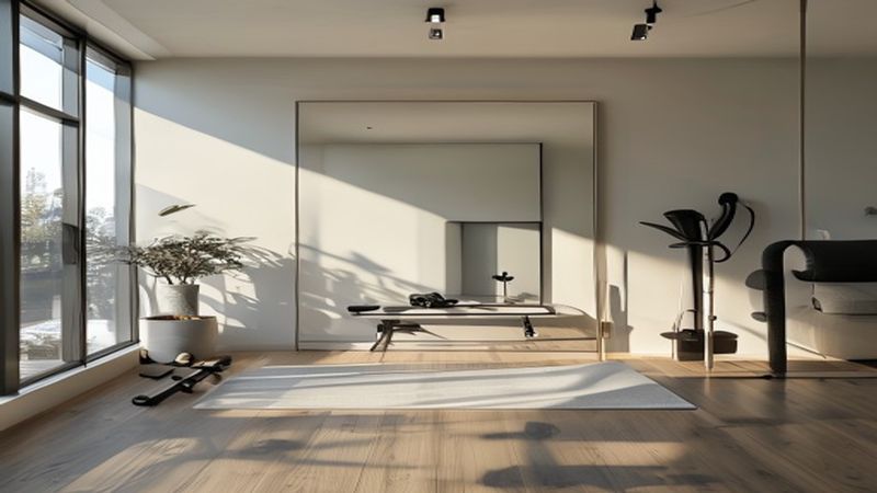 Smart fitness mirror in modern home gym setting