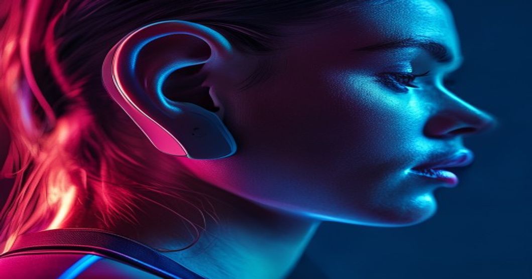 Workout wireless earbuds on athletic background