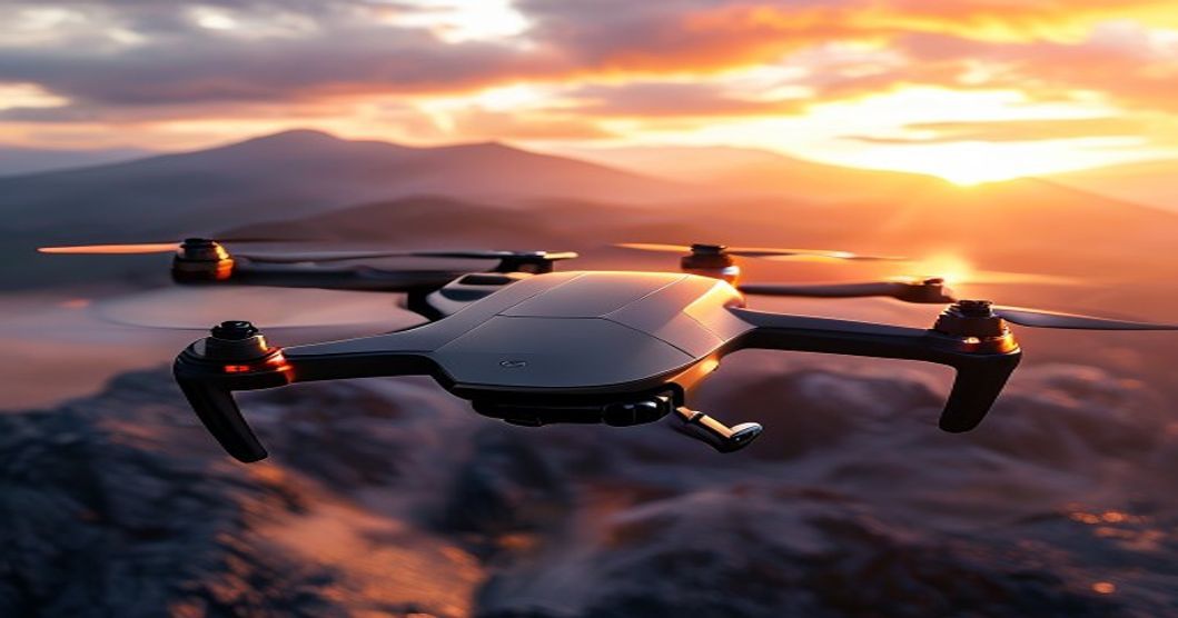 Professional drone hovering over scenic landscape