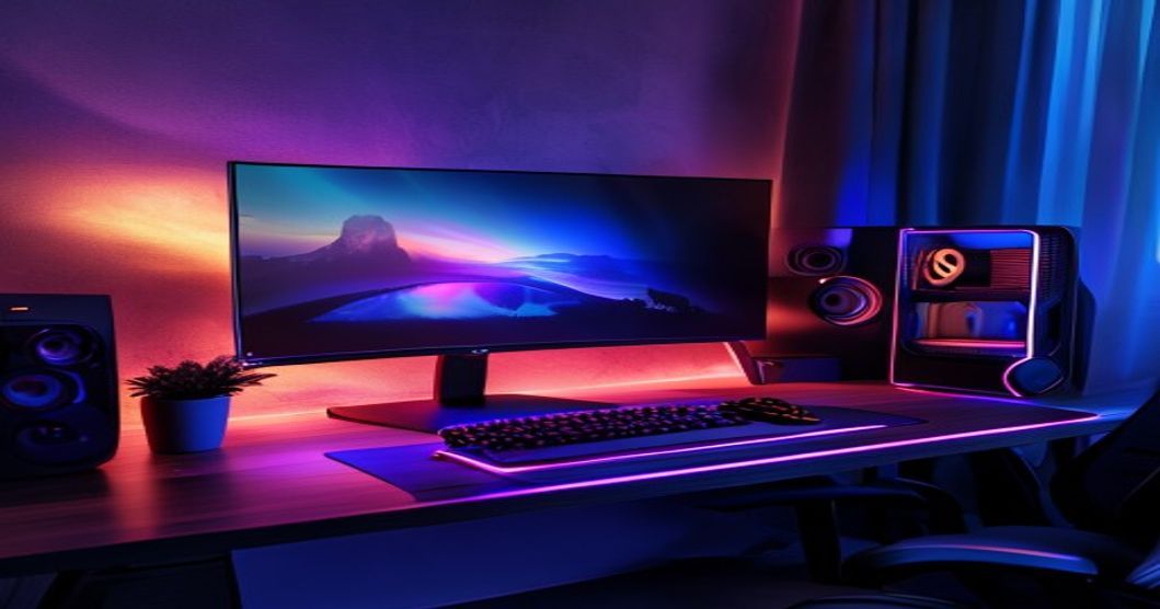 Gaming setup with curved monitor