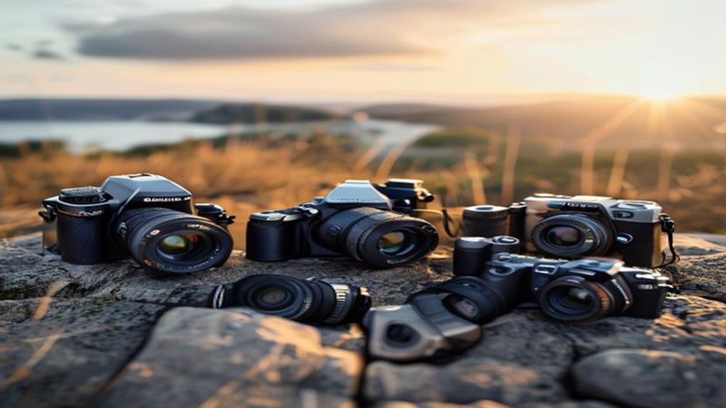 Point-and-shoot cameras arranged on a travel background