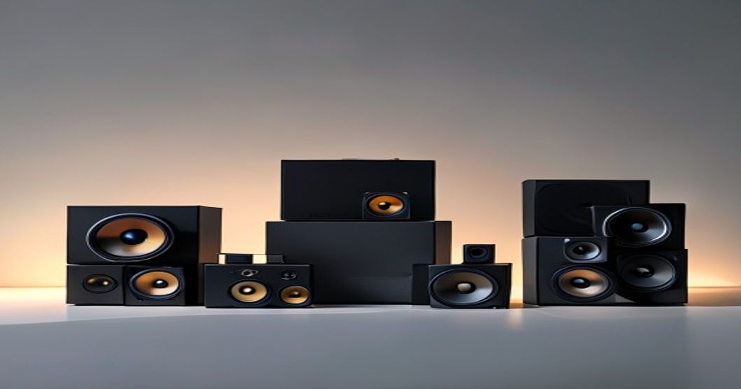 High-end bluetooth speakers arranged on modern wooden shelf