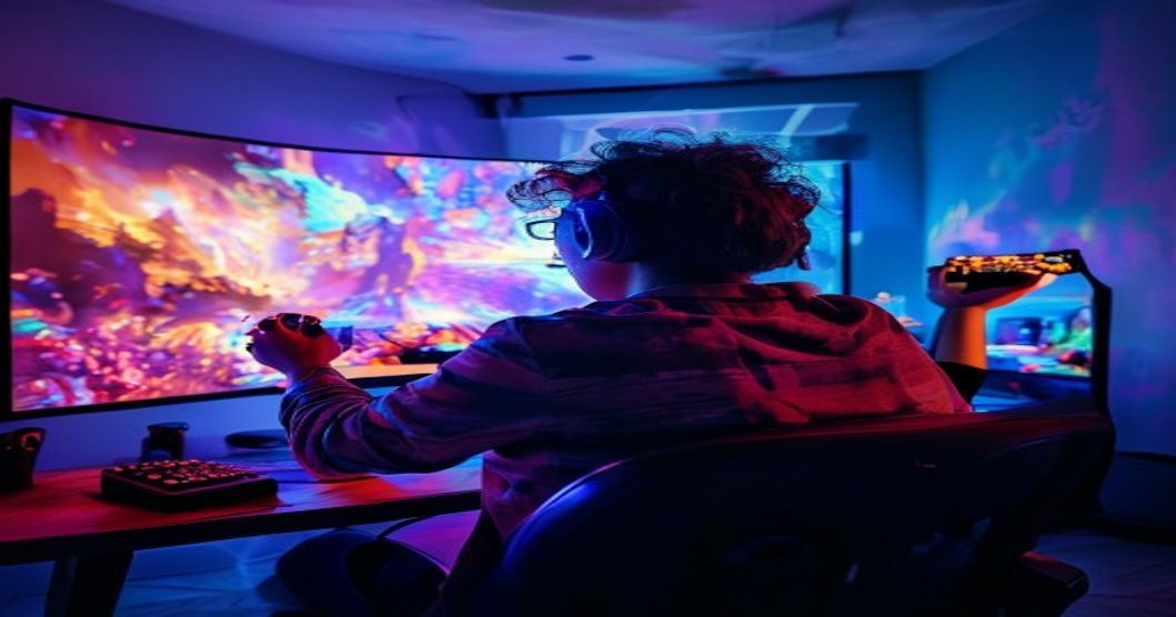 Gamer playing with projector