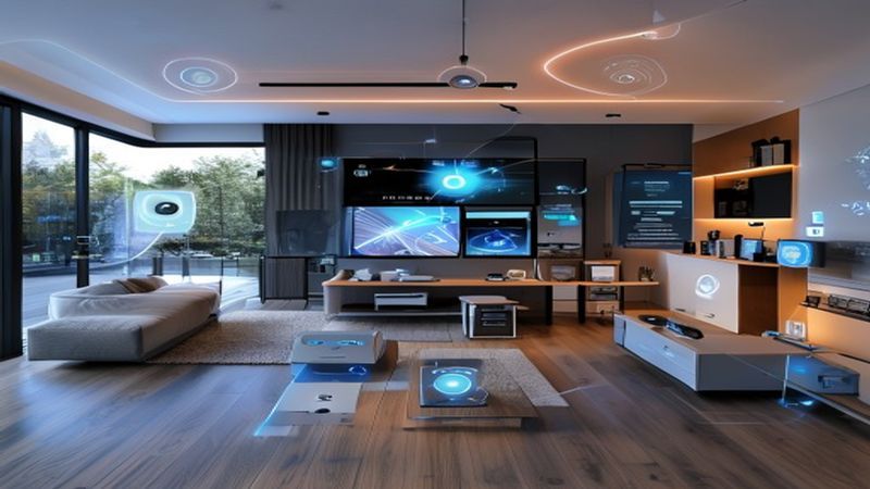 Smart home devices arranged neatly, showing interconnectivity and modern technology setup