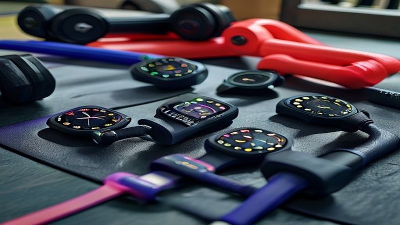 Fitness trackers laid out on workout equipment