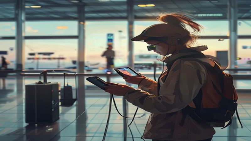 Traveler using portable charger in airport