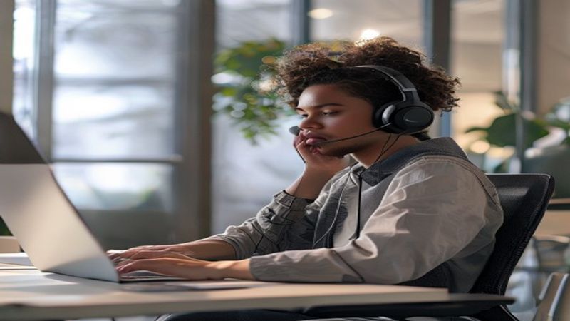 Remote worker using earbuds
