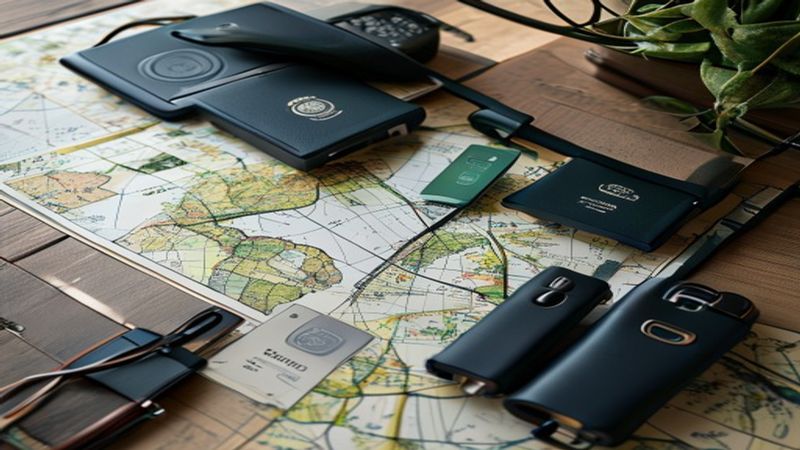 Miady portable chargers arranged on a travel map with passport and boarding pass, professional