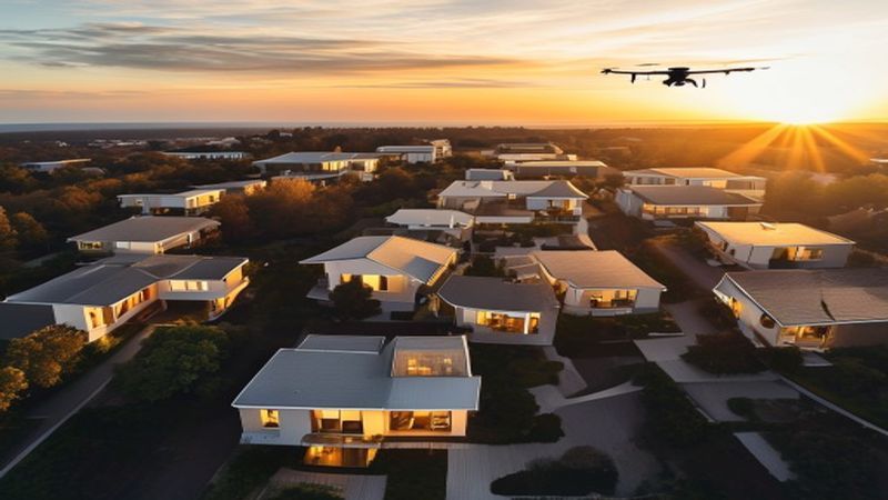 Professional drone hovering over suburban neighborhood