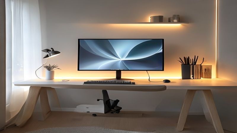Dell ultrawide monitor on modern desk