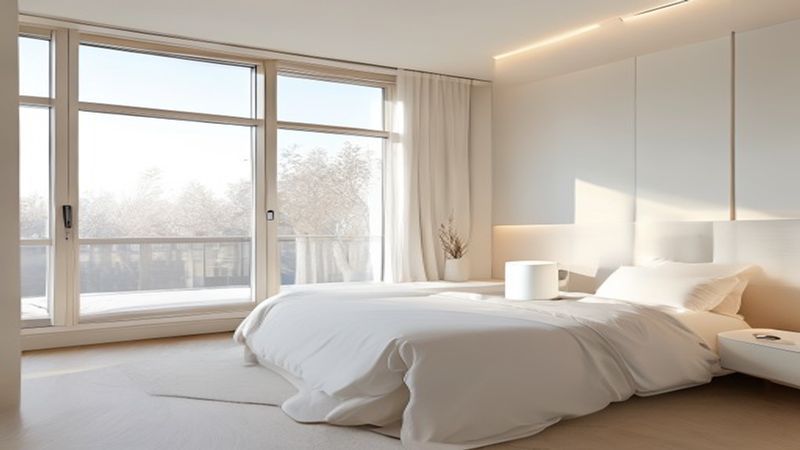 Modern air purifier in a spacious bedroom